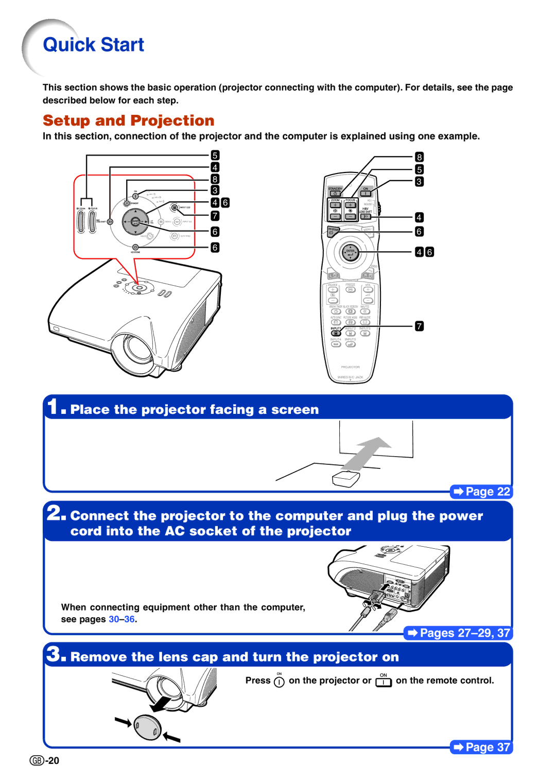 Sharp XG-PH70X-N operation manual Quick Start, Setup and Projection 