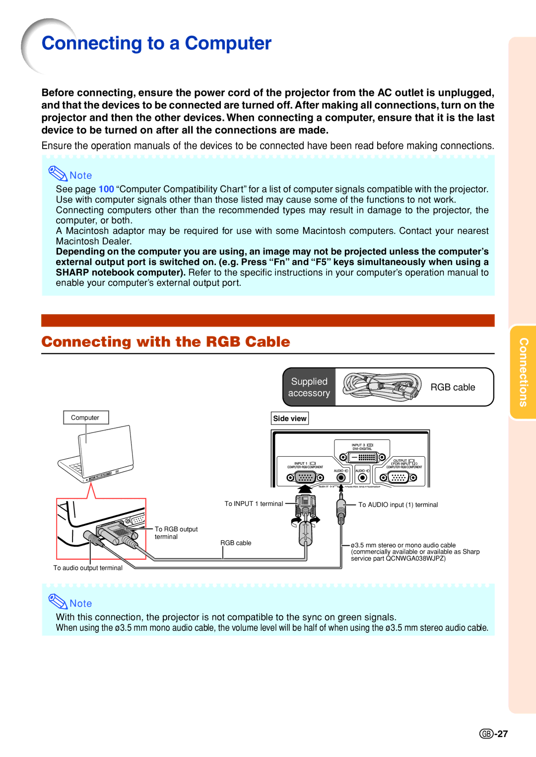 Sharp XG-PH70X-N operation manual Connecting to a Computer, Connecting with the RGB Cable 