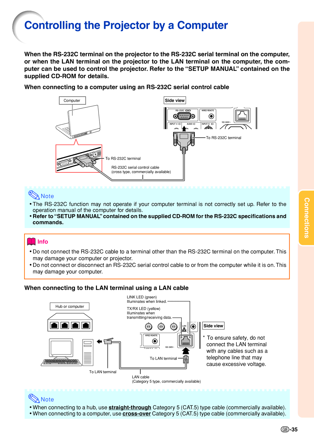 Sharp XG-PH70X-N Controlling the Projector by a Computer, When connecting to the LAN terminal using a LAN cable 