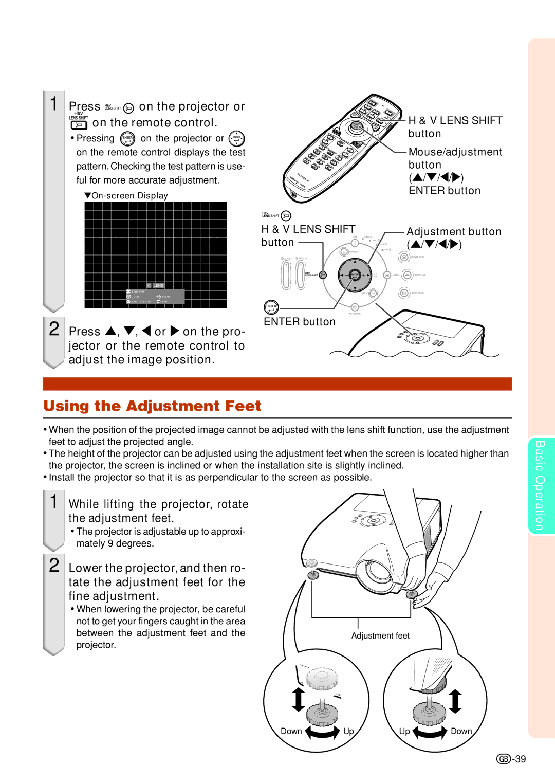 Sharp XG-PH70X-N Using the Adjustment Feet, Press on the projector or on the remote control, Lens Shift button 