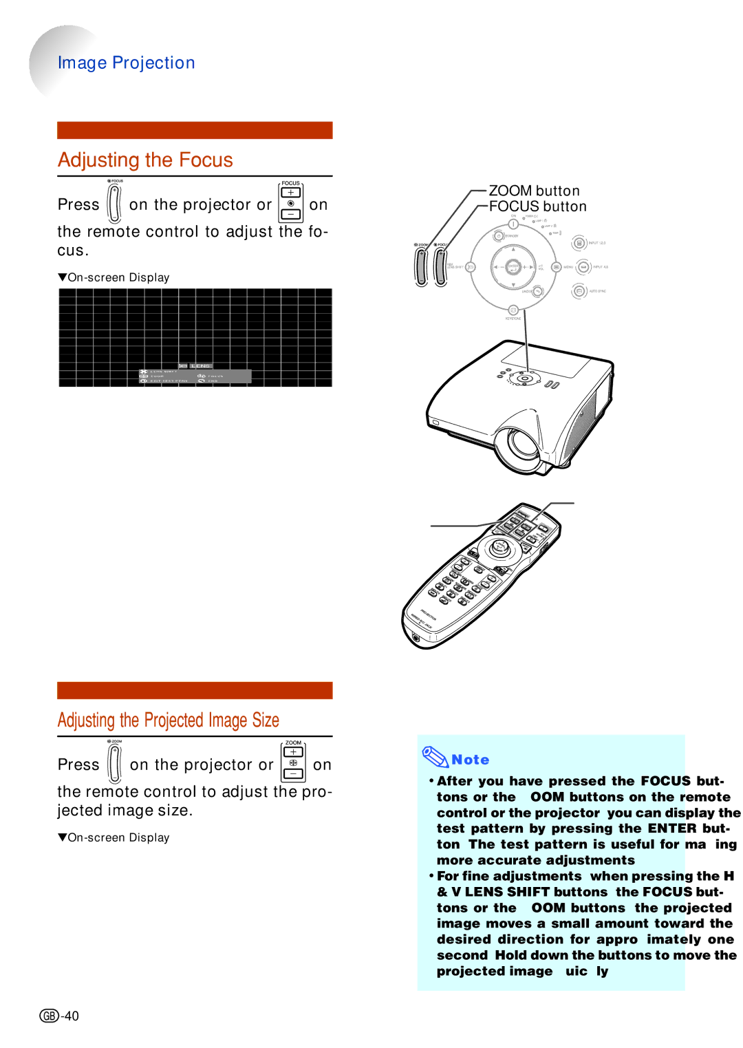 Sharp XG-PH70X-N operation manual Adjusting the Focus, Adjusting the Projected Image Size 