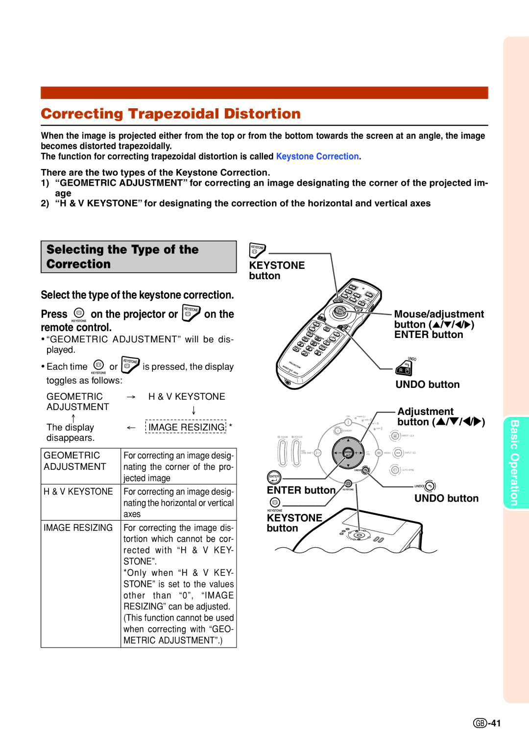 Sharp XG-PH70X-N operation manual Correcting Trapezoidal Distortion, Select the type of the keystone correction 