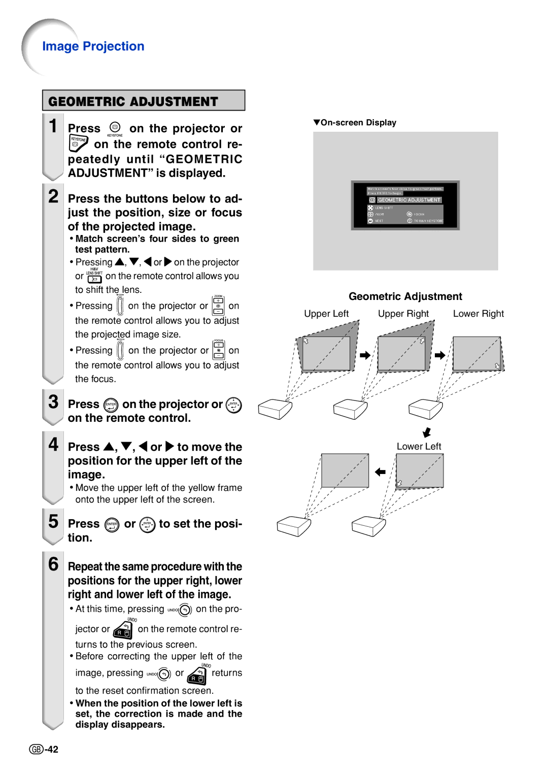 Sharp XG-PH70X-N Press or to set the posi- tion, Geometric Adjustment, Match screen’s four sides to green test pattern 