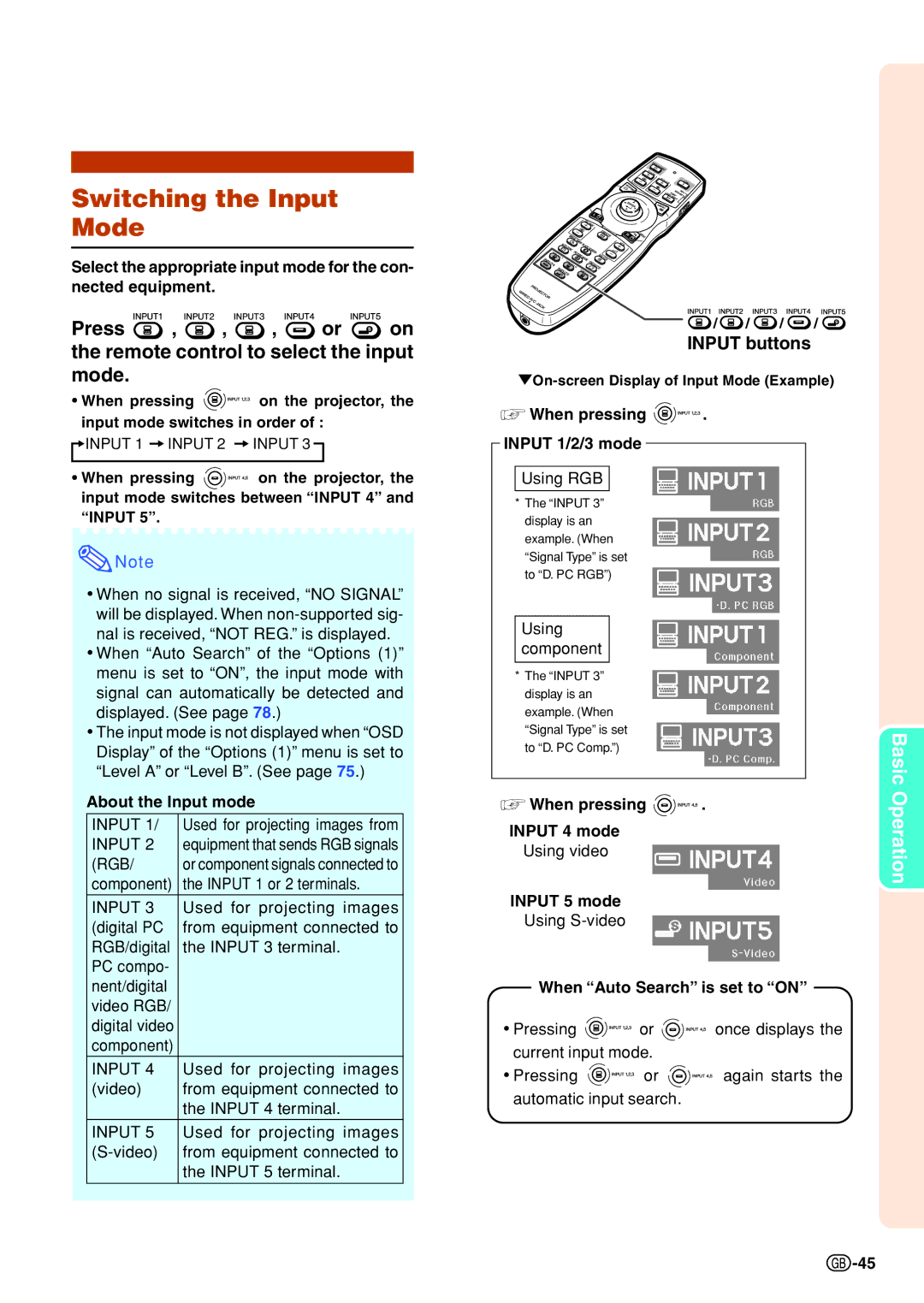 Sharp XG-PH70X-N operation manual Switching the Input Mode, Input buttons 