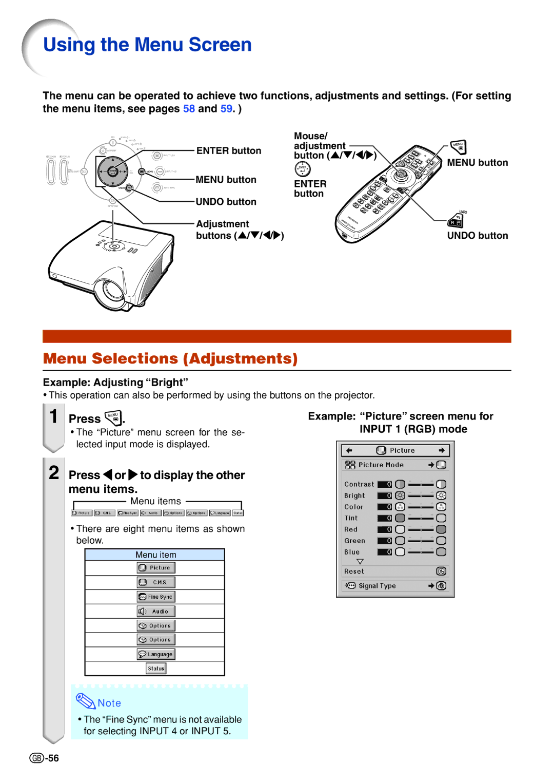 Sharp XG-PH70X-N Using the Menu Screen, Menu Selections Adjustments, Press \ or to display the other menu items 