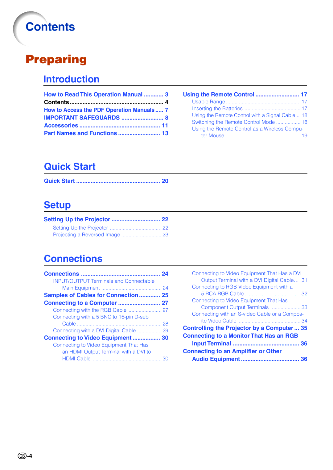 Sharp XG-PH70X-N operation manual Contents, Preparing 