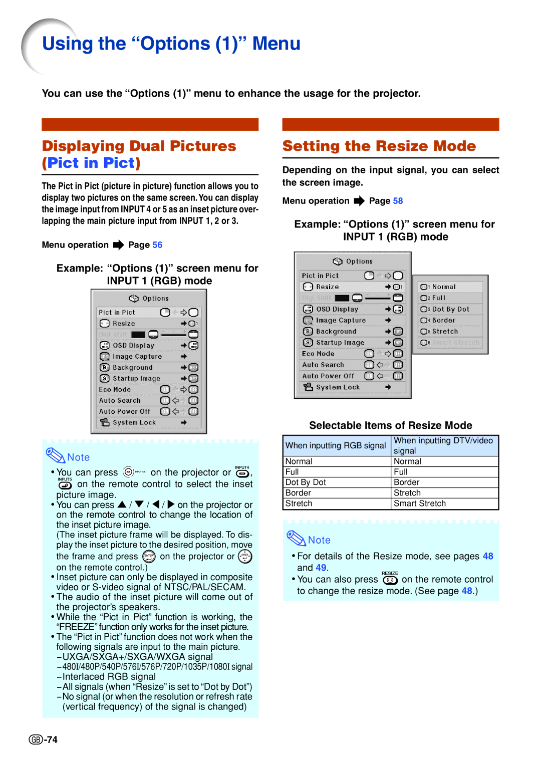 Sharp XG-PH70X-N operation manual Using the Options 1 Menu, Displaying Dual Pictures Pict in Pict, Setting the Resize Mode 