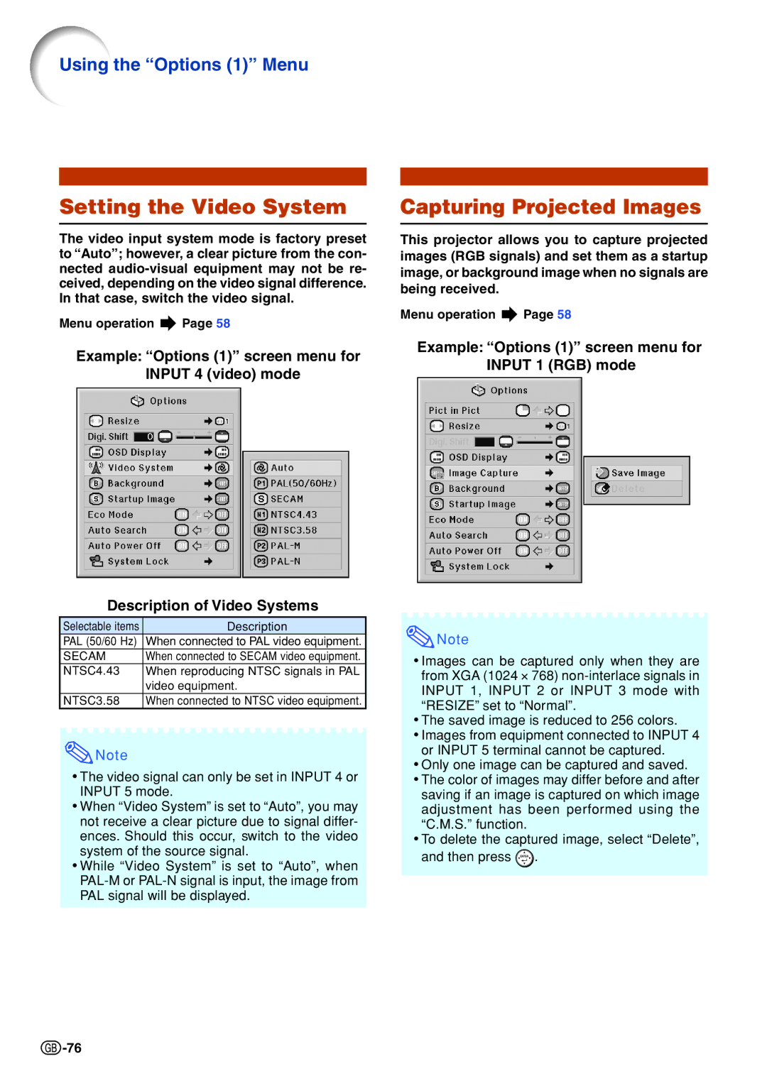 Sharp XG-PH70X-N operation manual Setting the Video System, Capturing Projected Images 