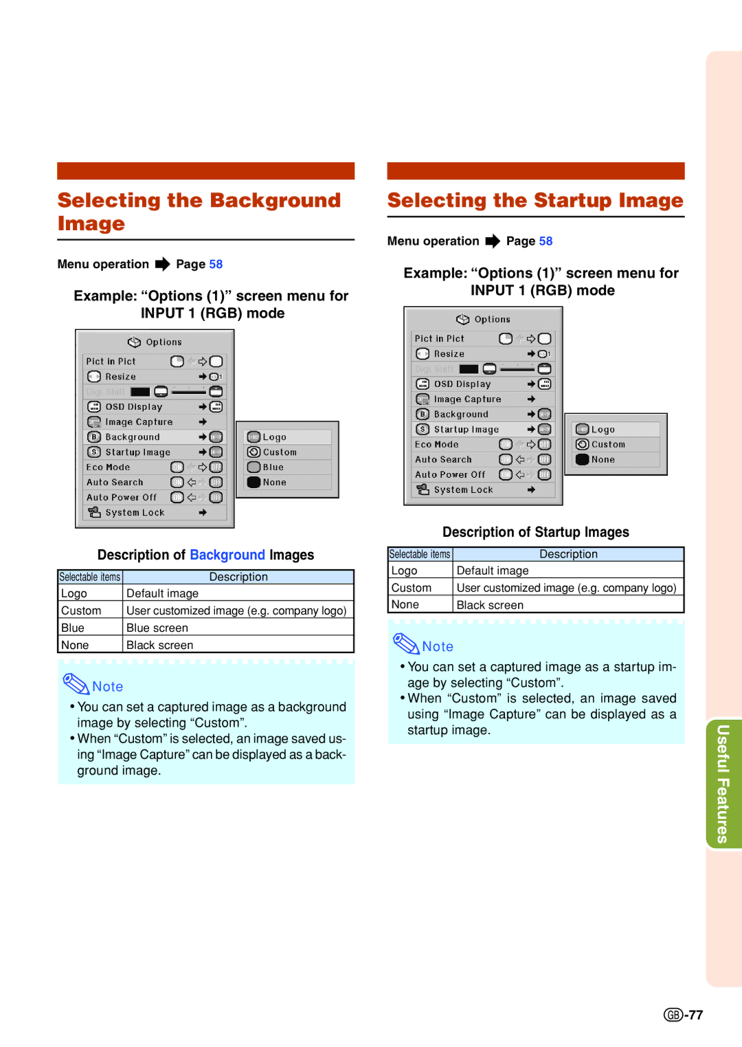 Sharp XG-PH70X-N operation manual Selecting the Background Image, Selecting the Startup Image 