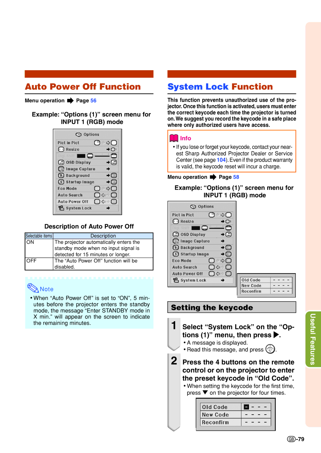 Sharp XG-PH70X-N operation manual Auto Power Off Function, Select System Lock on the Op, Tions 1 menu, then press 