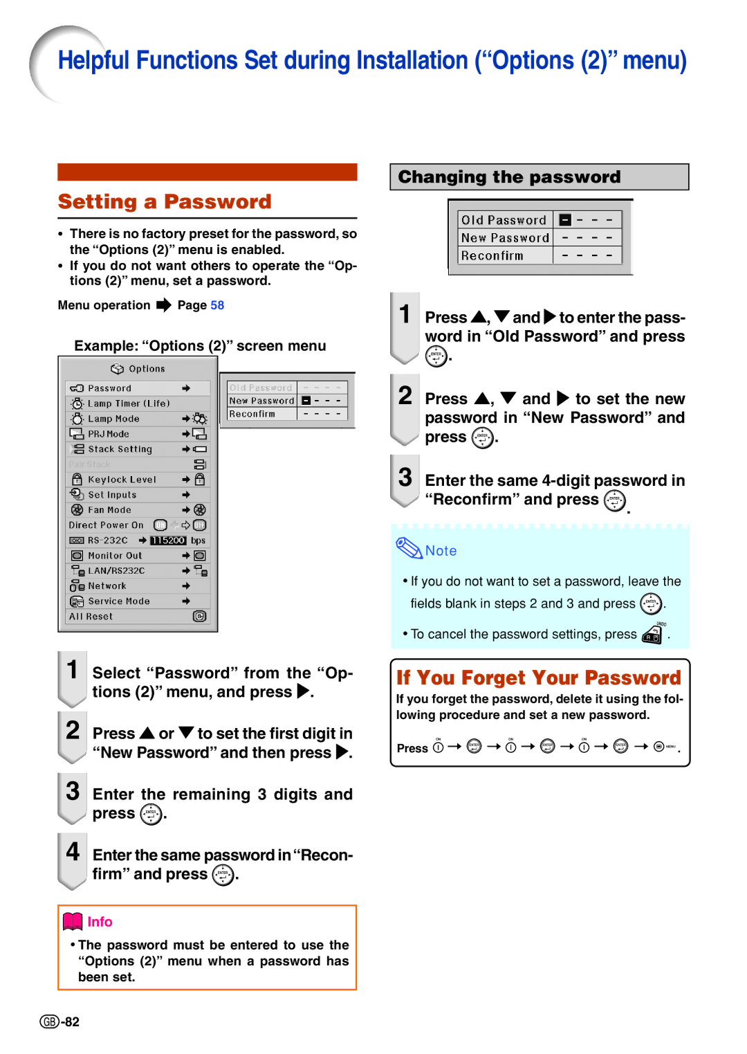 Sharp XG-PH70X-N operation manual Setting a Password, If You Forget Your Password, Example Options 2 screen menu 