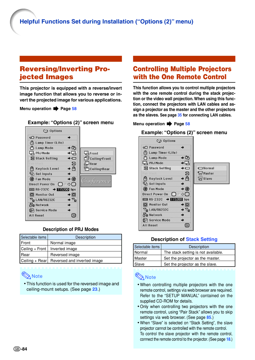 Sharp XG-PH70X-N Reversing/Inverting Pro- jected Images, Example Options 2 screen menu Description of PRJ Modes 