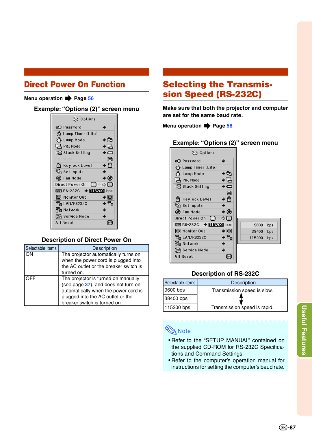 Sharp XG-PH70X-N operation manual Direct Power On Function, Selecting the Transmis- sion Speed RS-232C 