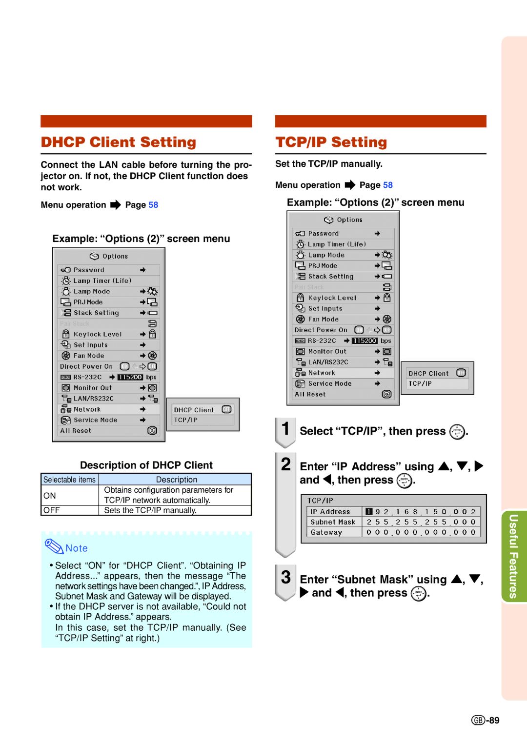 Sharp XG-PH70X-N Dhcp Client Setting, TCP/IP Setting, Example Options 2 screen menu Description of Dhcp Client 