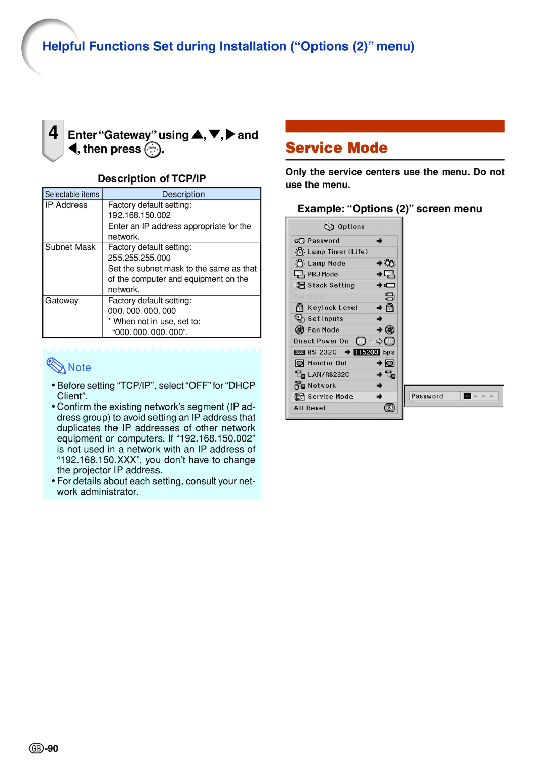 Sharp XG-PH70X-N operation manual Service Mode, Enter Gateway using , , and \, then press, Description of TCP/IP 