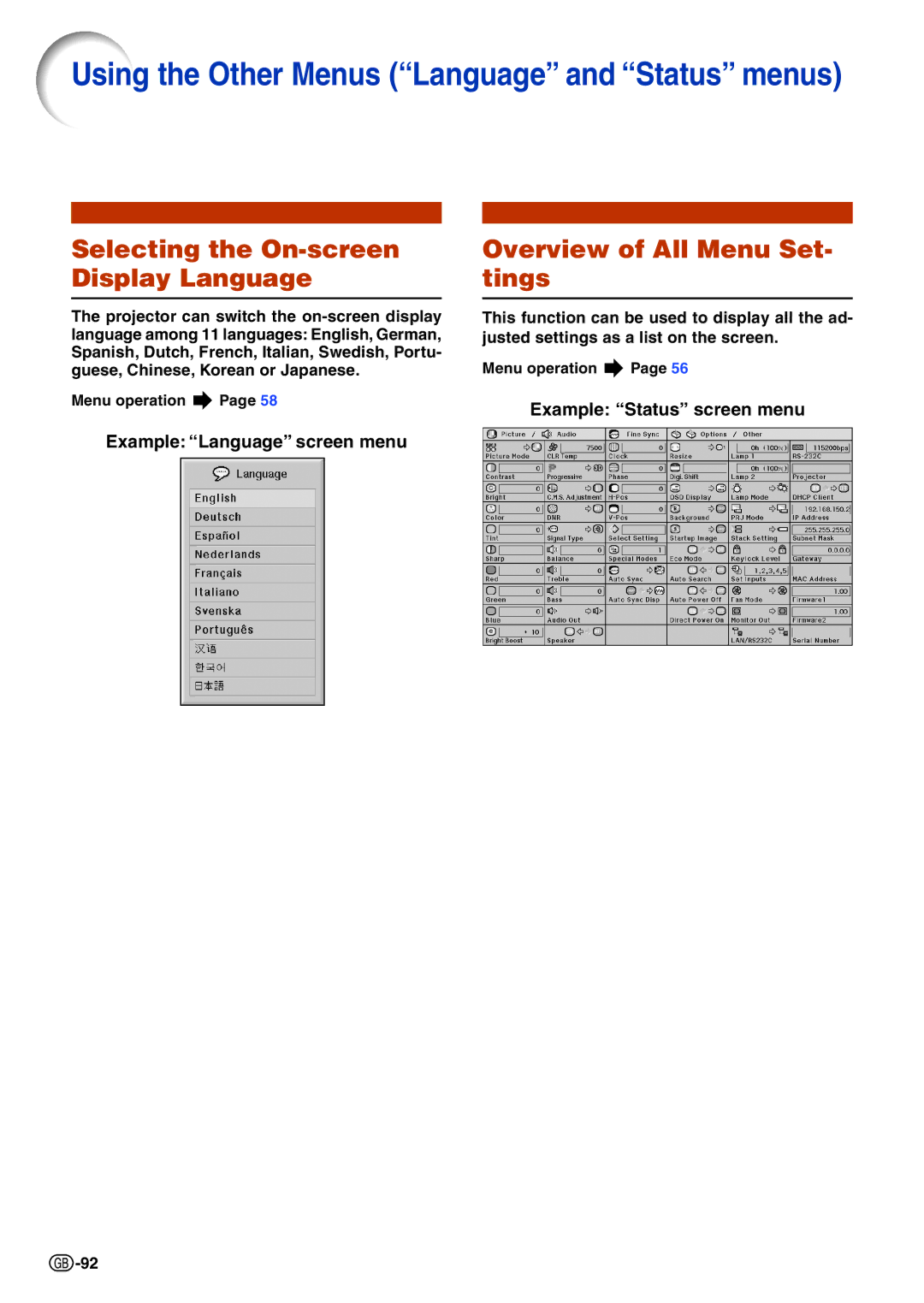 Sharp XG-PH70X-N Selecting the On-screen Display Language, Overview of All Menu Set- tings, Example Language screen menu 