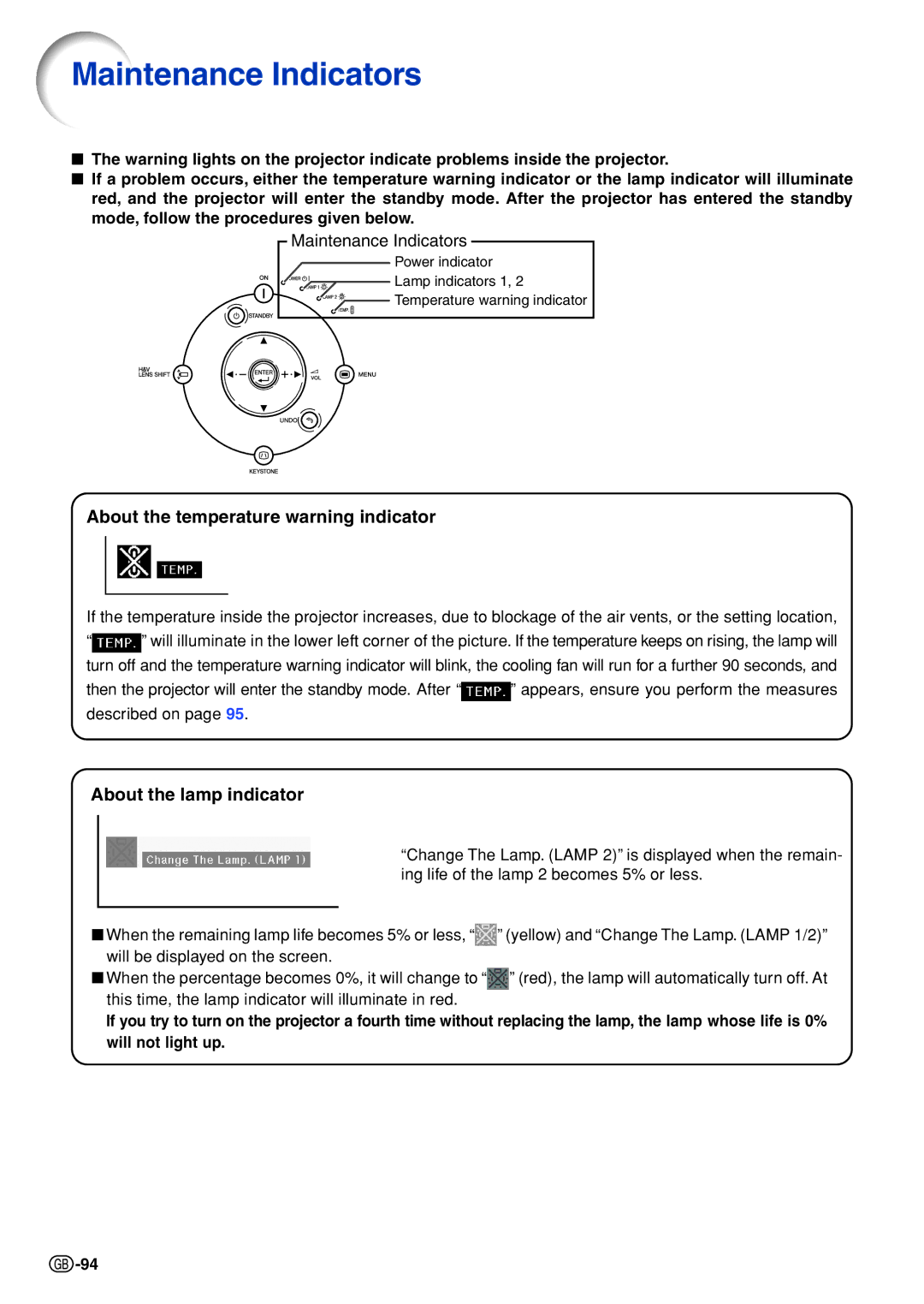 Sharp XG-PH70X-N operation manual Maintenance Indicators, About the temperature warning indicator, About the lamp indicator 