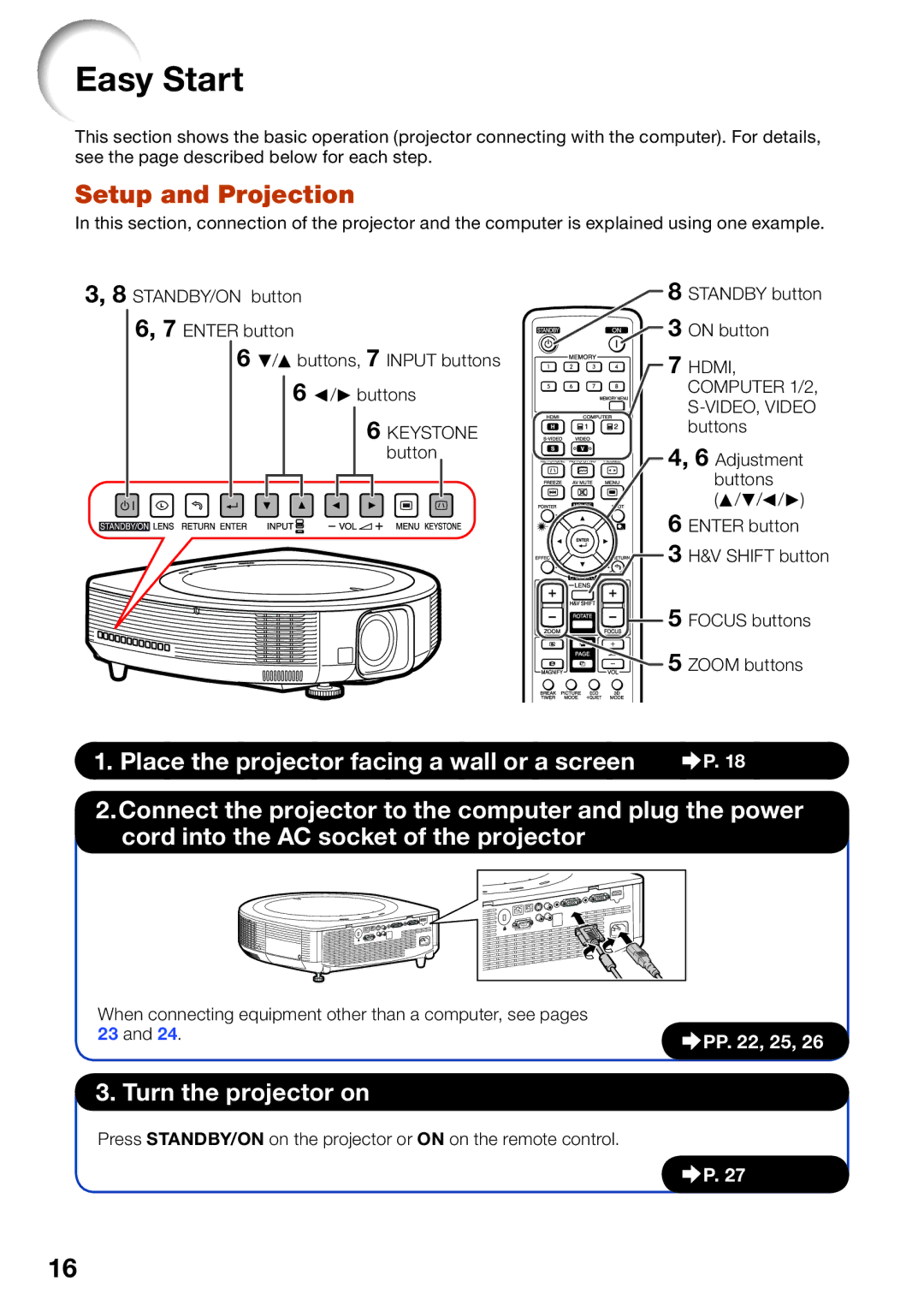 Sharp XG-SV200X, XG-SV100W Easy Start, Setup and Projection, When connecting equipment other than a computer, see pages 