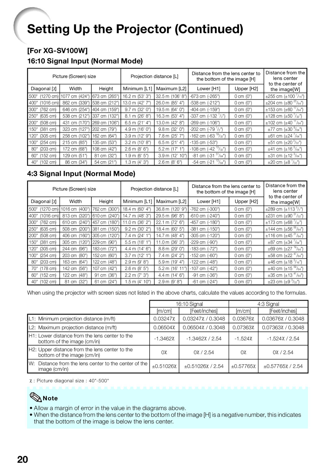 Sharp XG-SV200X appendix For XG-SV100W Signal Input Normal Mode 