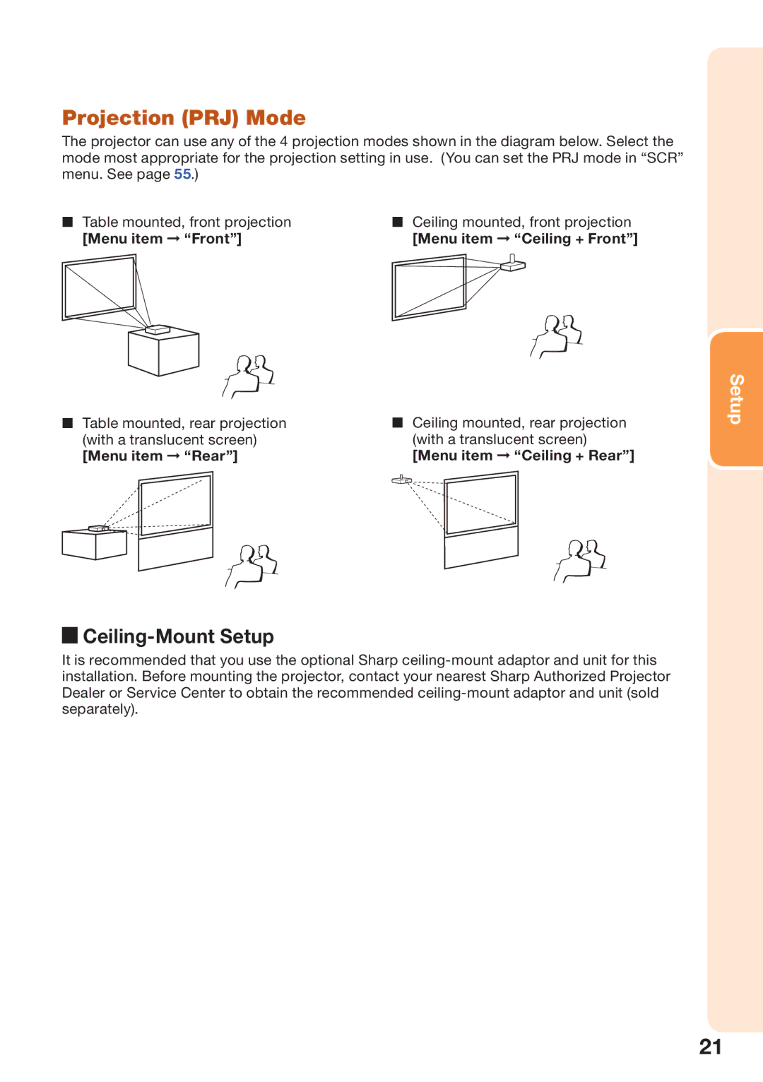 Sharp XG-SV100W, XG-SV200X appendix Projection PRJ Mode, Ceiling-Mount Setup 