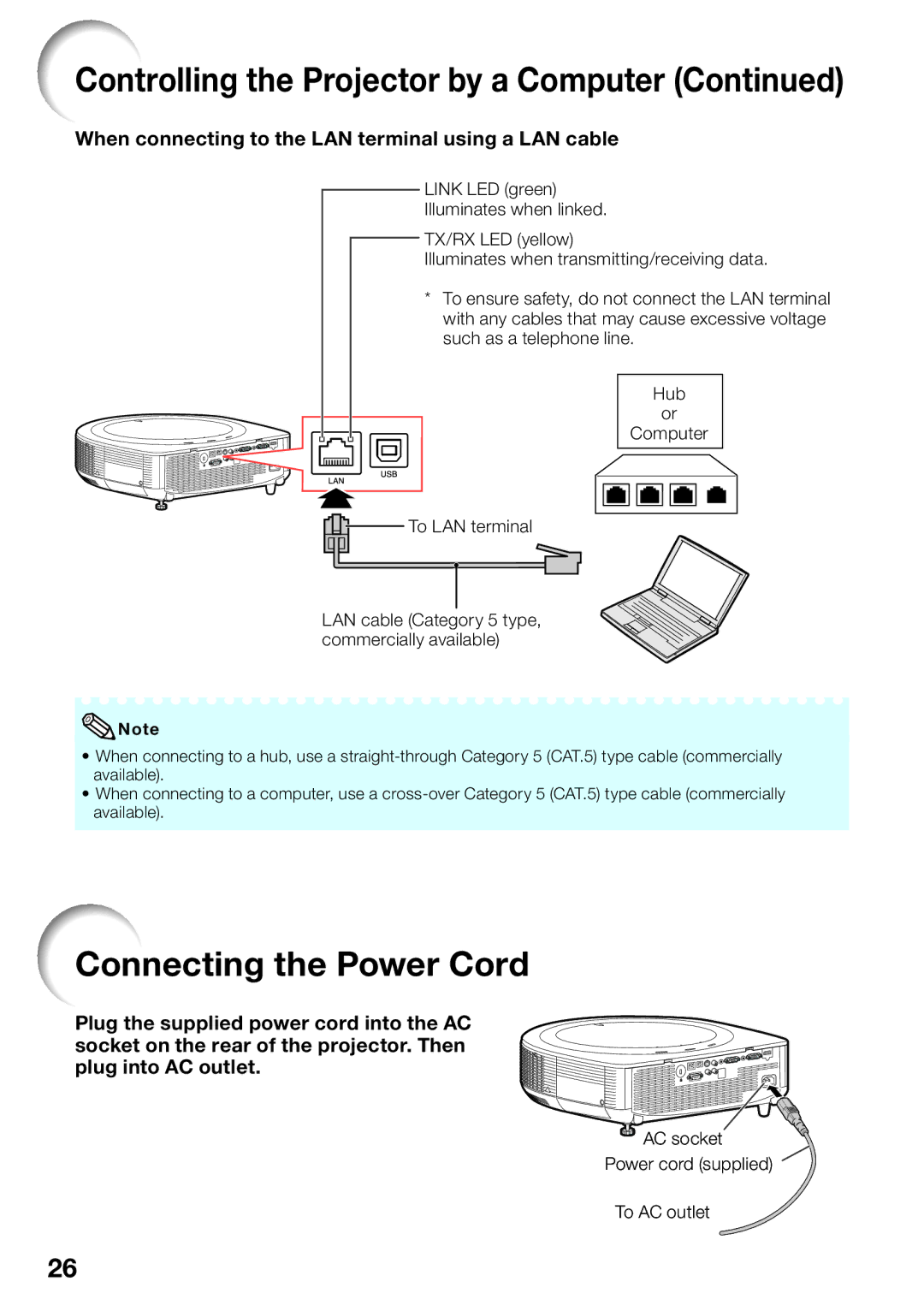 Sharp XG-SV200X, XG-SV100W appendix Connecting the Power Cord, When connecting to the LAN terminal using a LAN cable 