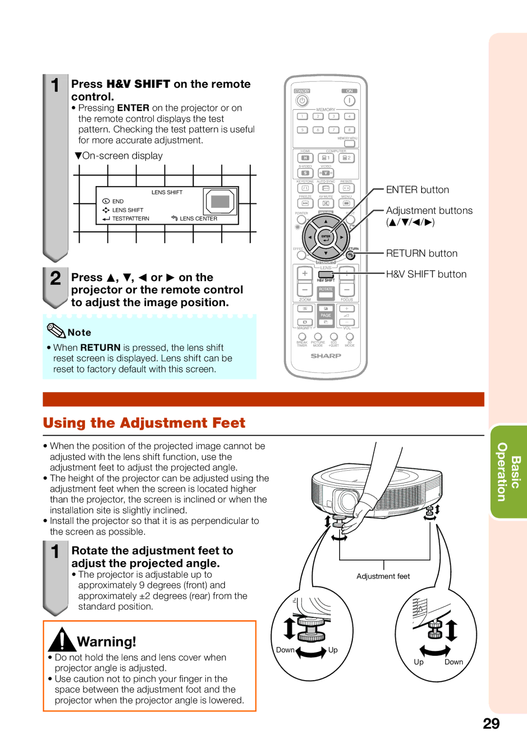 Sharp XG-SV100W, XG-SV200X appendix Using the Adjustment Feet, Press H&V Shift on the remote control, ROn-screen display 