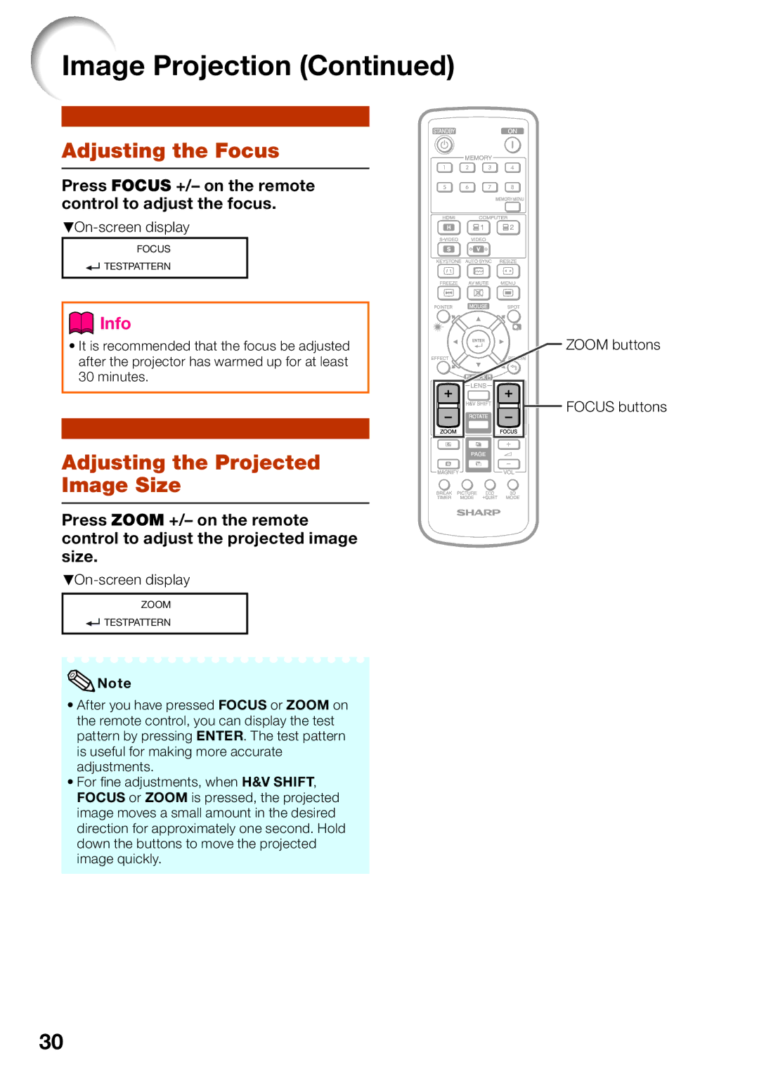 Sharp XG-SV200X, XG-SV100W appendix Adjusting the Focus, Adjusting the Projected Image Size, Zoom buttons Focus buttons 