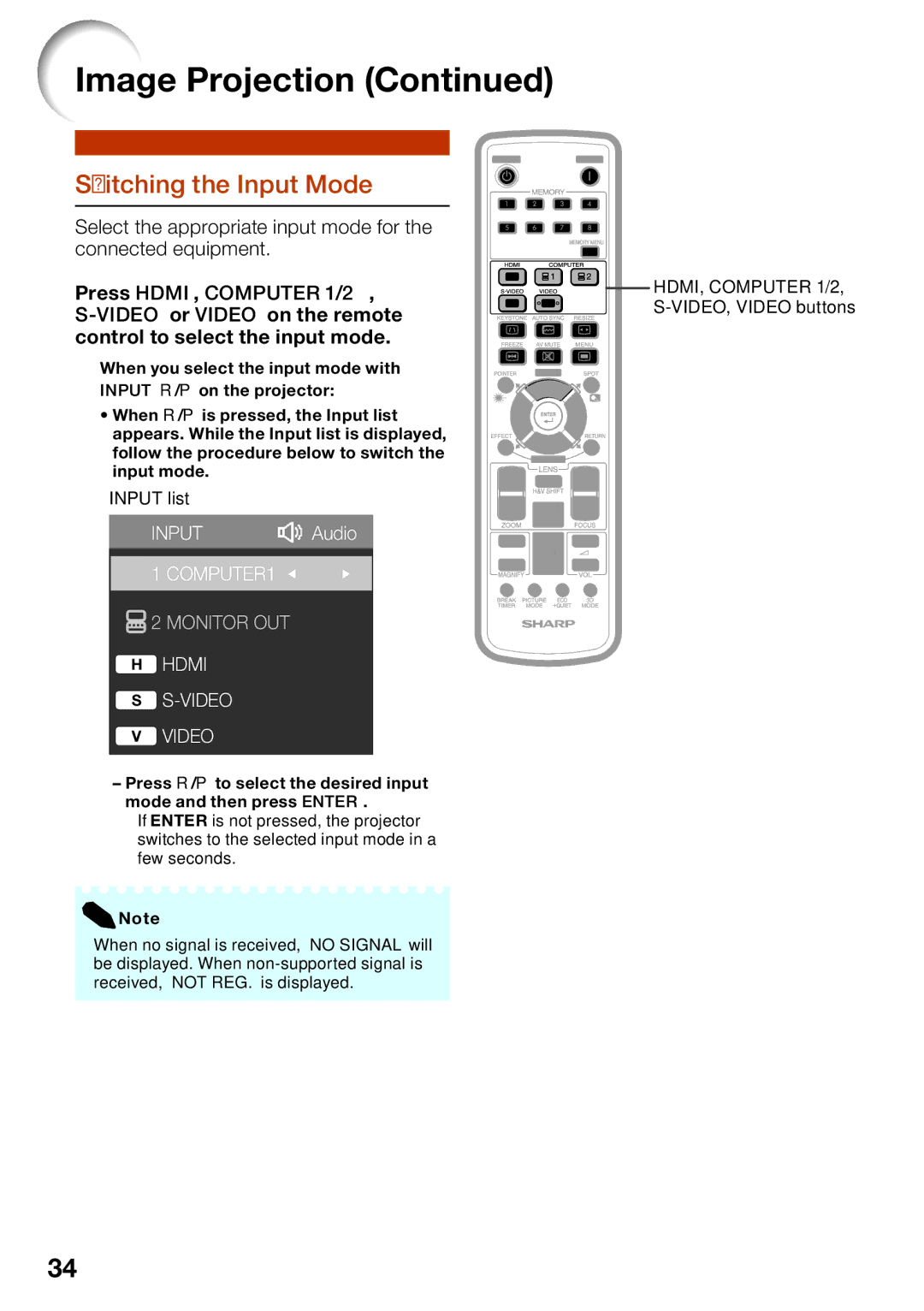 Sharp XG-SV200X, XG-SV100W appendix Switching the Input Mode, Input list, HDMI, Computer 1/2, S-VIDEO, Video buttons 