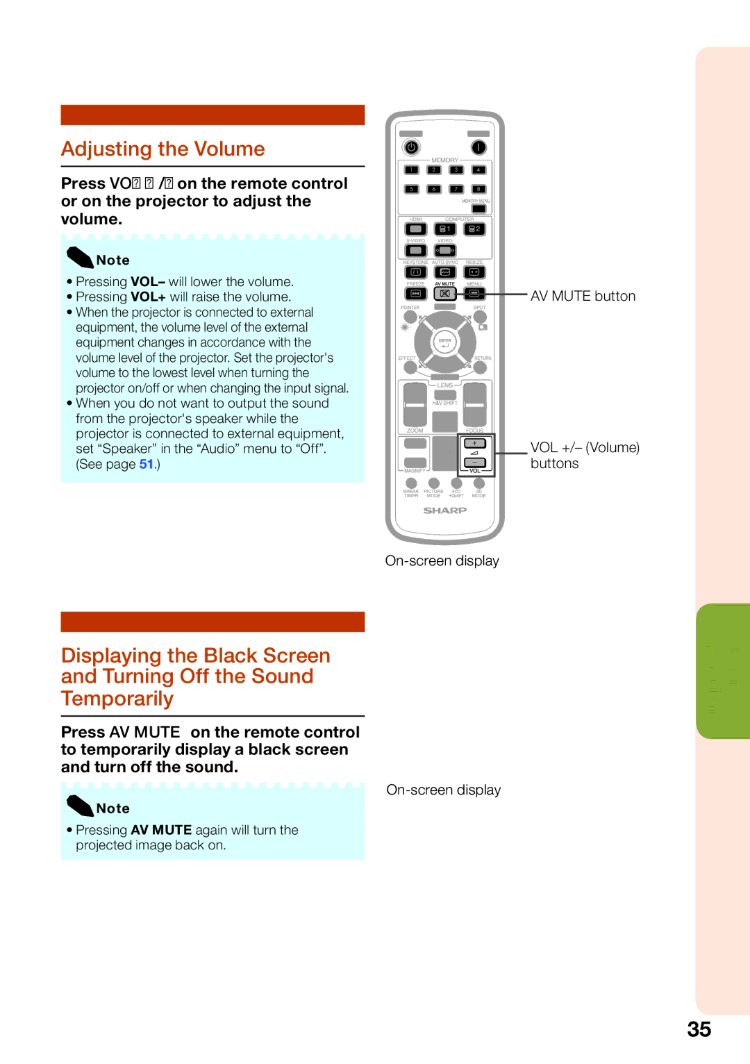 Sharp XG-SV100W, XG-SV200X appendix Adjusting the Volume, AV Mute button VOL +/- Volume buttons On-screen display 