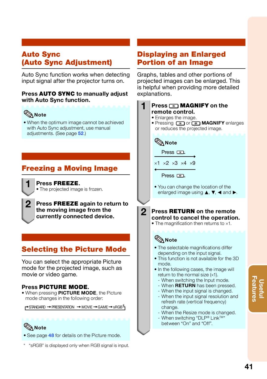 Sharp XG-SV100W, XG-SV200X appendix Freezing a Moving Image, Selecting the Picture Mode 