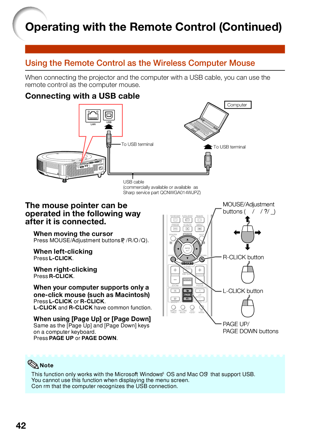 Sharp XG-SV200X, XG-SV100W appendix Using the Remote Control as the Wireless Computer Mouse, Connecting with a USB cable 