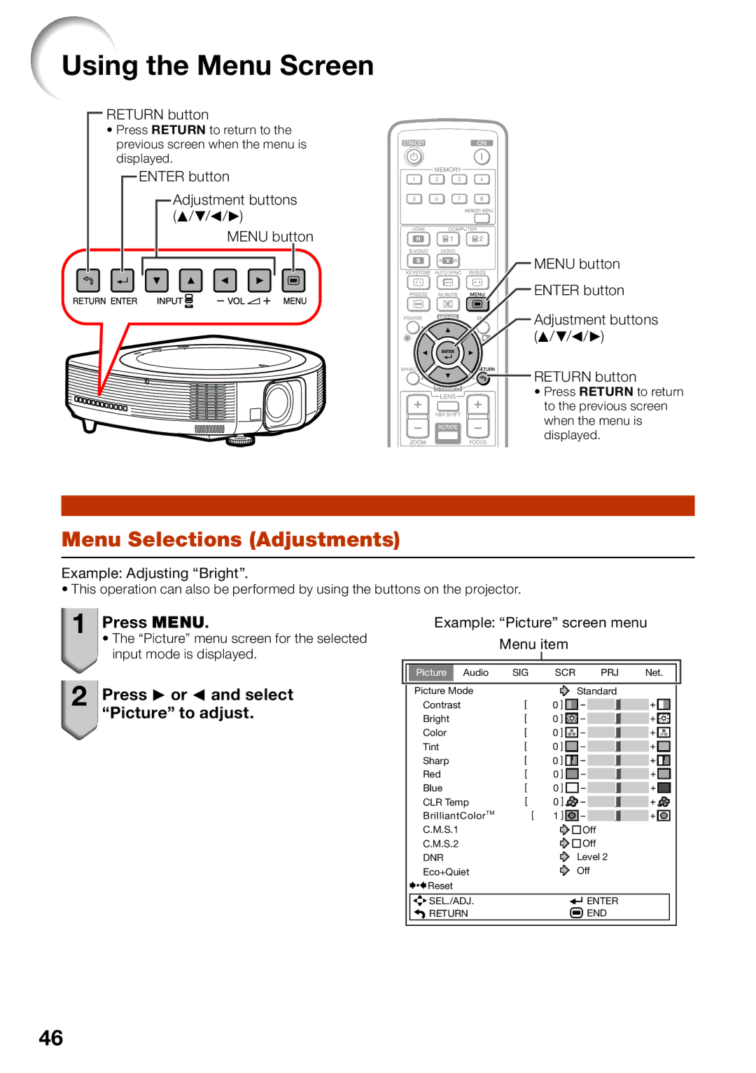 Sharp XG-SV200X Using the Menu Screen, Menu Selections Adjustments, Press Menu, Press Q or O and select Picture to adjust 