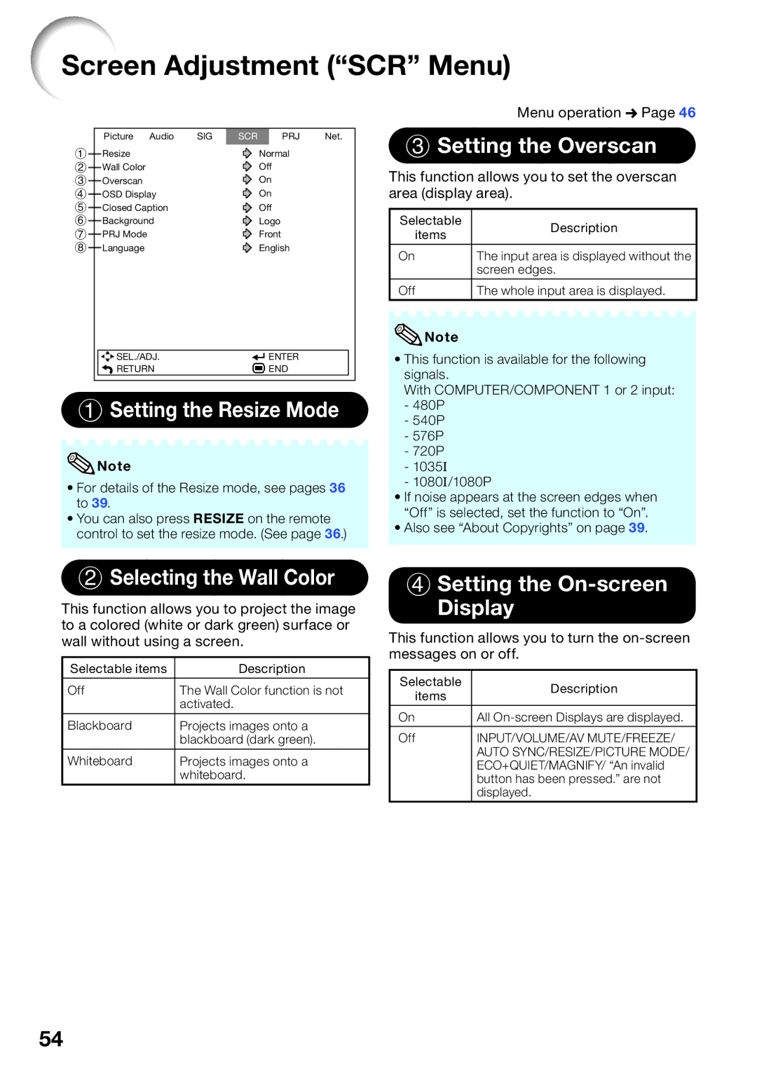 Sharp XG-SV200X Screen Adjustment SCR Menu, Setting the Resize Mode, Setting the Overscan, Selecting the Wall Color 