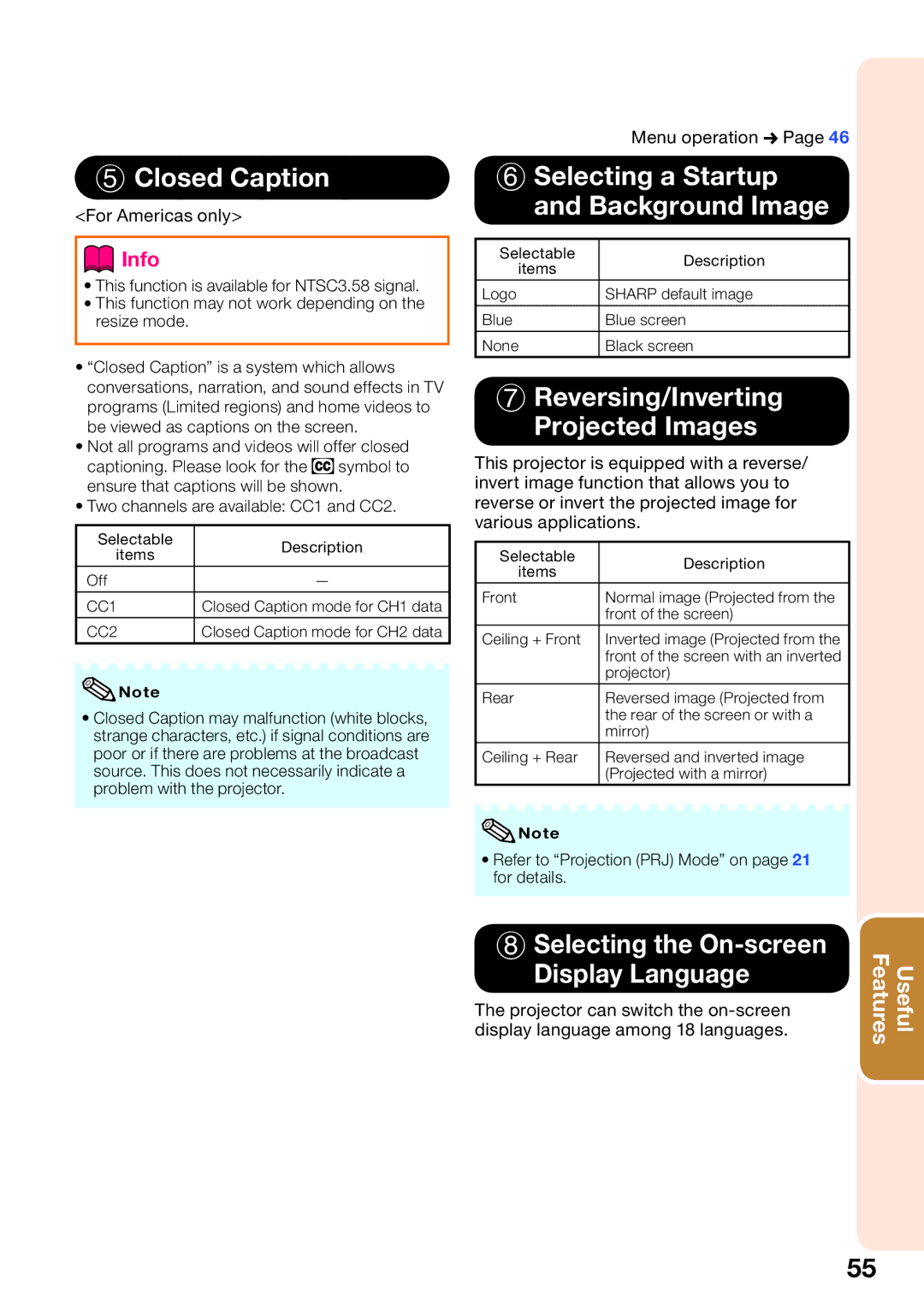 Sharp XG-SV100W appendix Closed Caption, Selecting a Startup and Background Image, Reversing/Inverting Projected Images 
