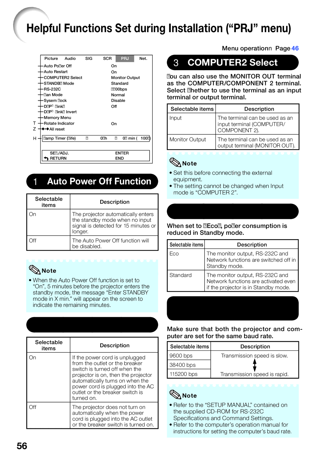 Sharp XG-SV200X, XG-SV100W appendix Auto Power Off Function, Auto Restart Function, 3COMPUTER2 Select, 4STANDBY Mode 