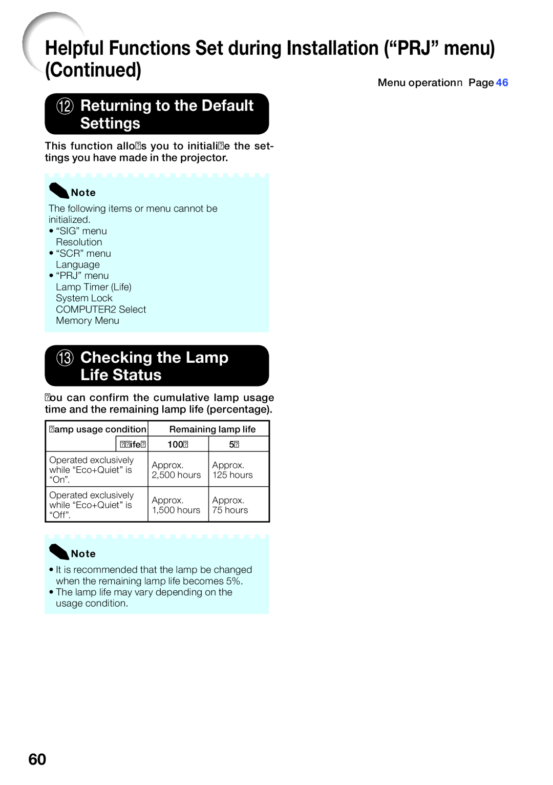 Sharp XG-SV200X, XG-SV100W appendix Returning to the Default Settings, Checking the Lamp Life Status 