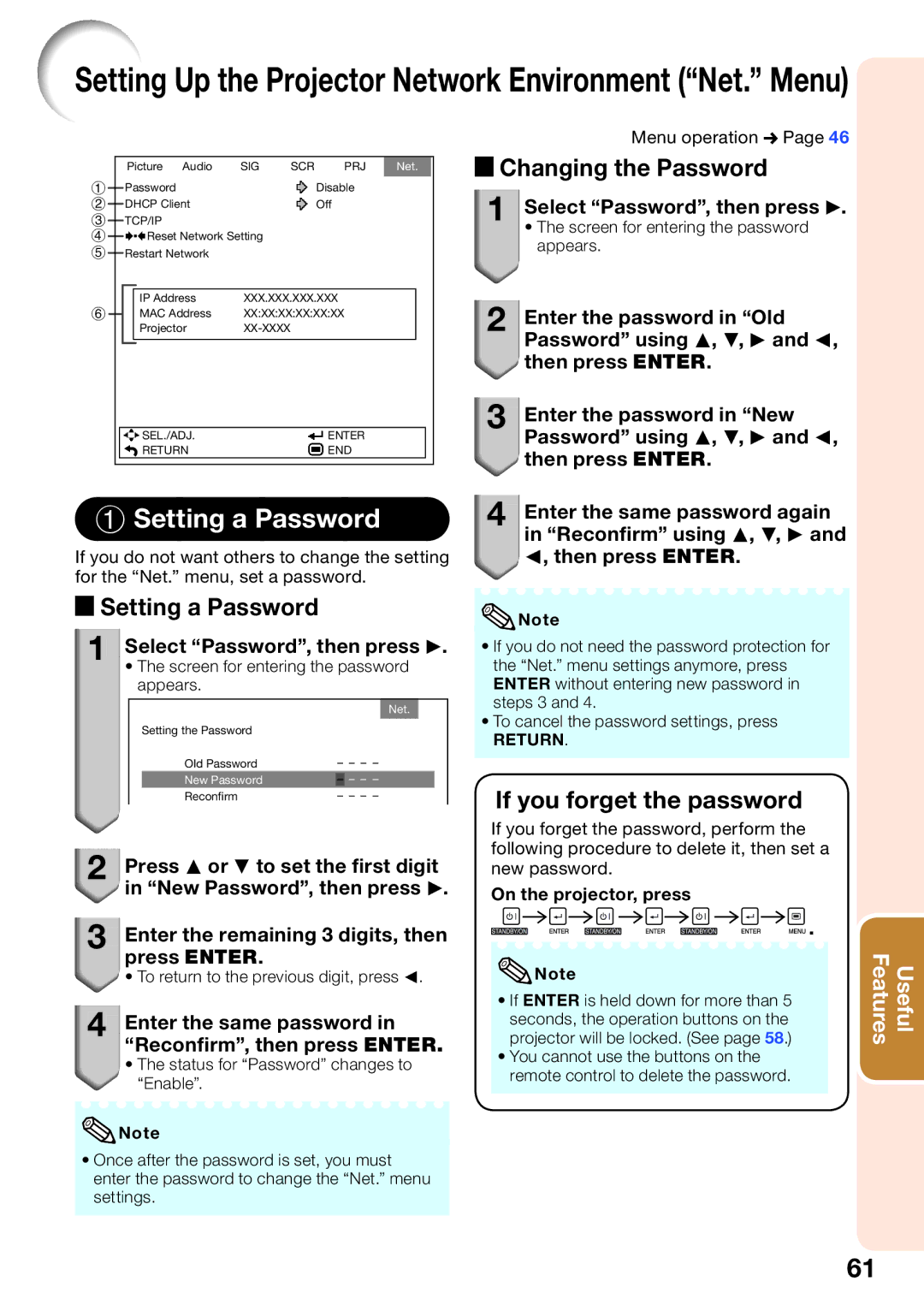 Sharp XG-SV100W Setting a Password, Changing the Password, If you forget the password, Select Password, then press Q 