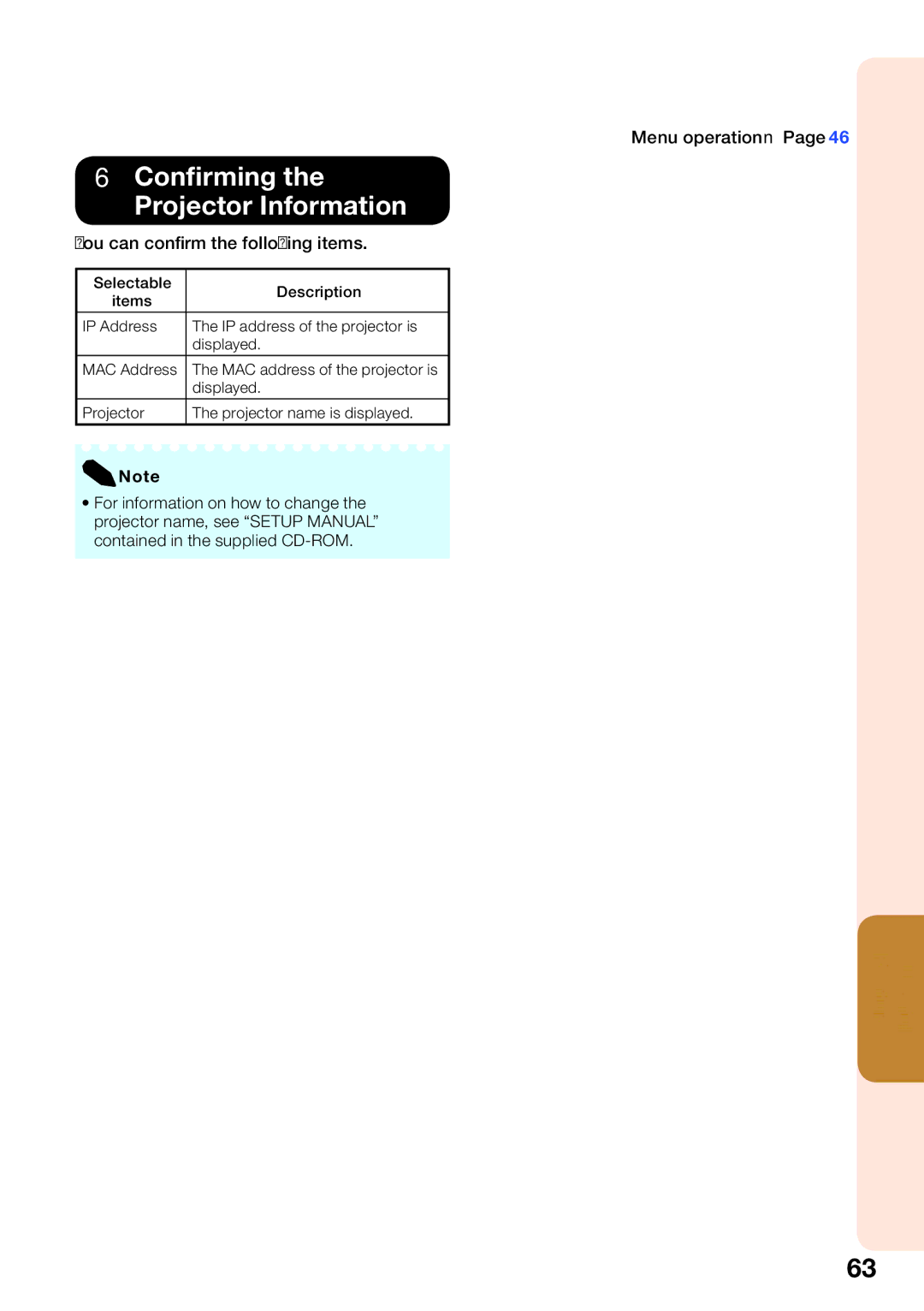 Sharp XG-SV100W, XG-SV200X appendix Conﬁrming the Projector Information, You can conﬁrm the following items 