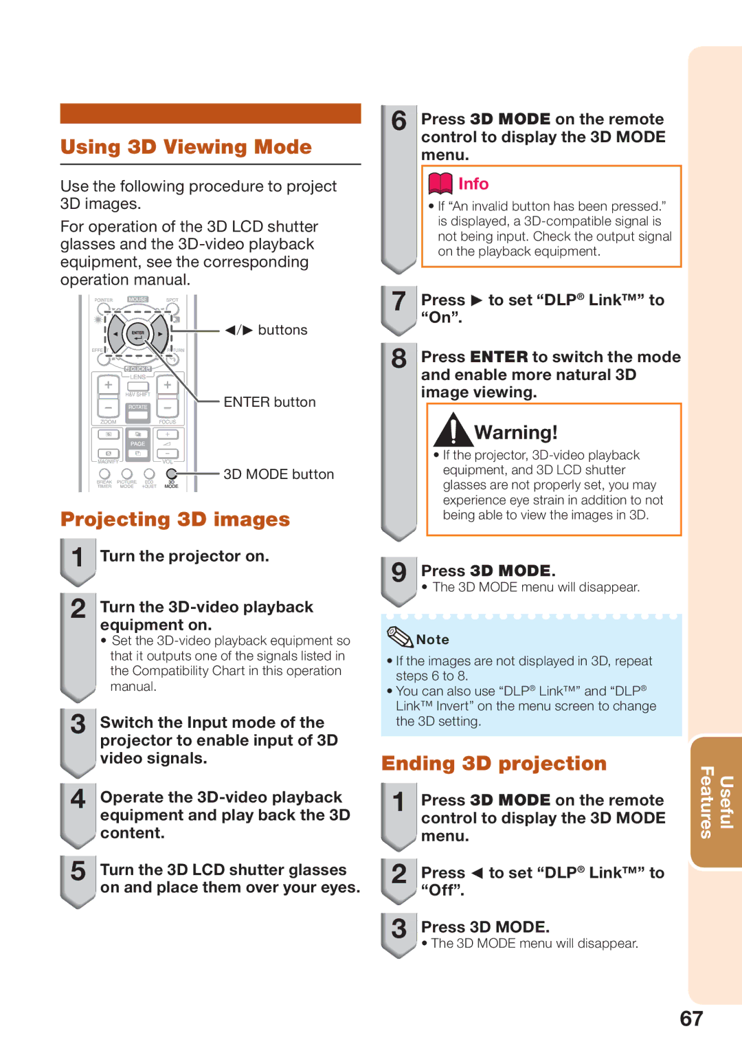 Sharp XG-SV100W, XG-SV200X appendix Using 3D Viewing Mode, Projecting 3D images, Ending 3D projection, Press 3D Mode 