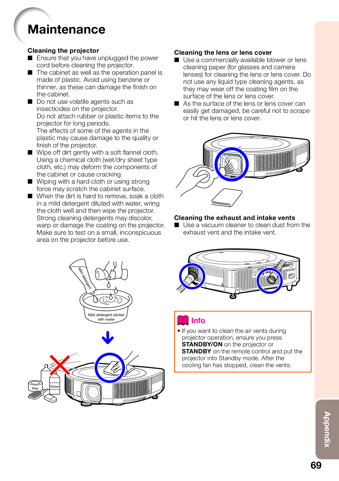 Sharp XG-SV100W, XG-SV200X appendix Maintenance, Cleaning the projector 