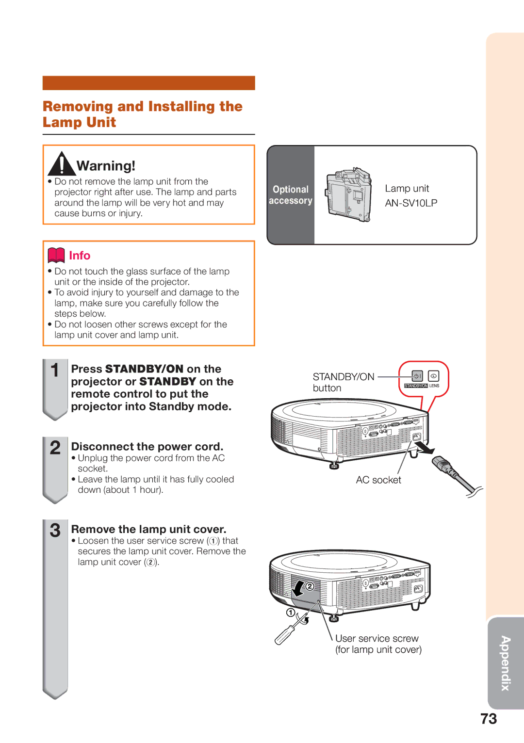 Sharp XG-SV100W, XG-SV200X appendix Removing and Installing the Lamp Unit, Remove the lamp unit cover 