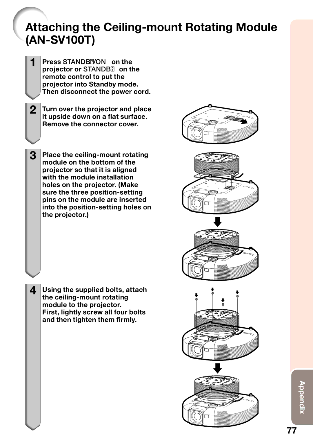 Sharp XG-SV100W, XG-SV200X appendix Attaching the Ceiling-mount Rotating Module AN-SV100T 