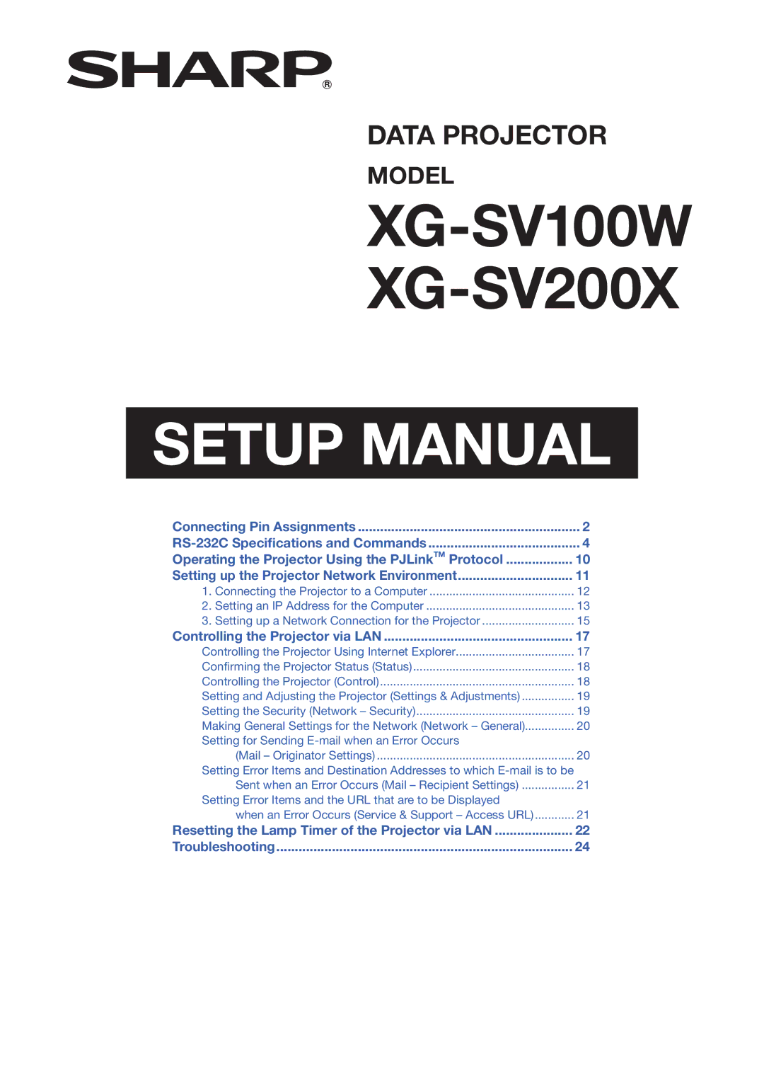 Sharp XG-SV100W, XG-SV200X specifications Setup Manual 