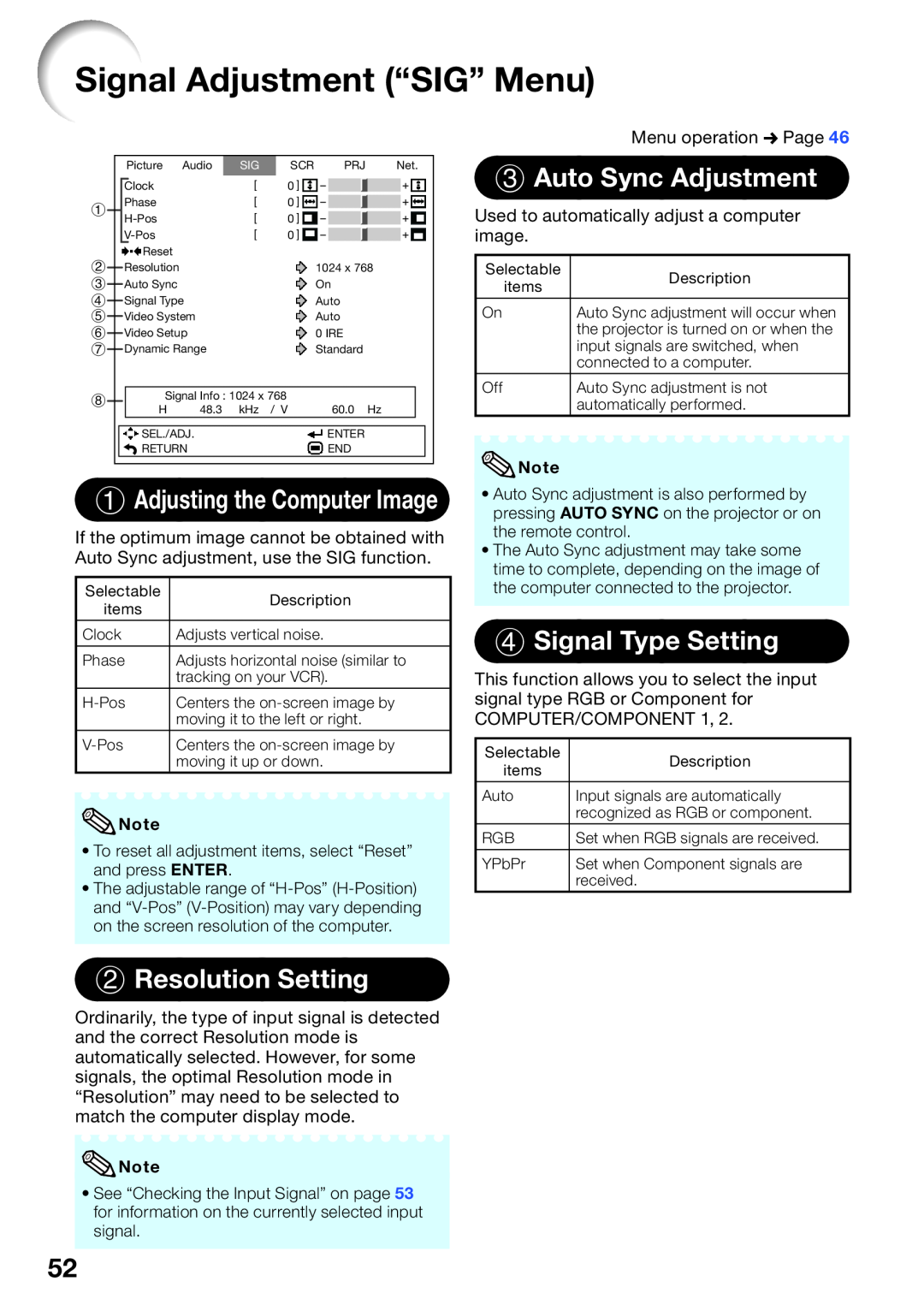 Sharp XG-SV200X, XG-SV100W Signal Adjustment “SIG” Menu, Auto Sync Adjustment, Signal Type Setting, Resolution Setting 