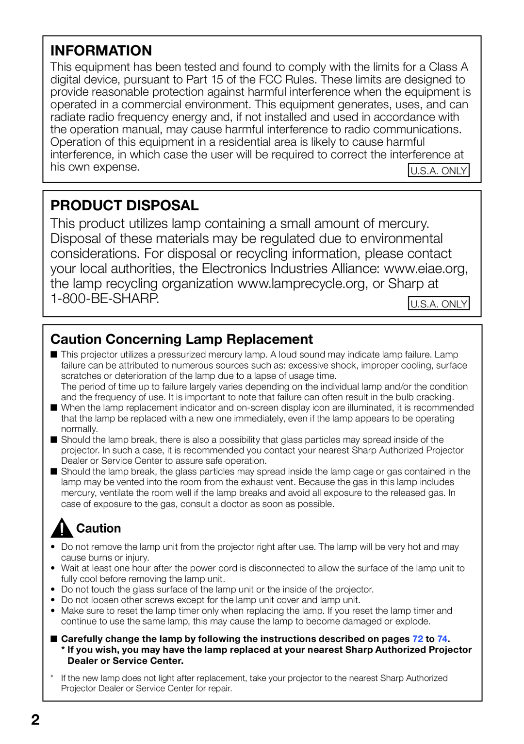 Sharp XG-SV200X, XG-SV100W appendix Information, Product Disposal, Caution Concerning Lamp Replacement 