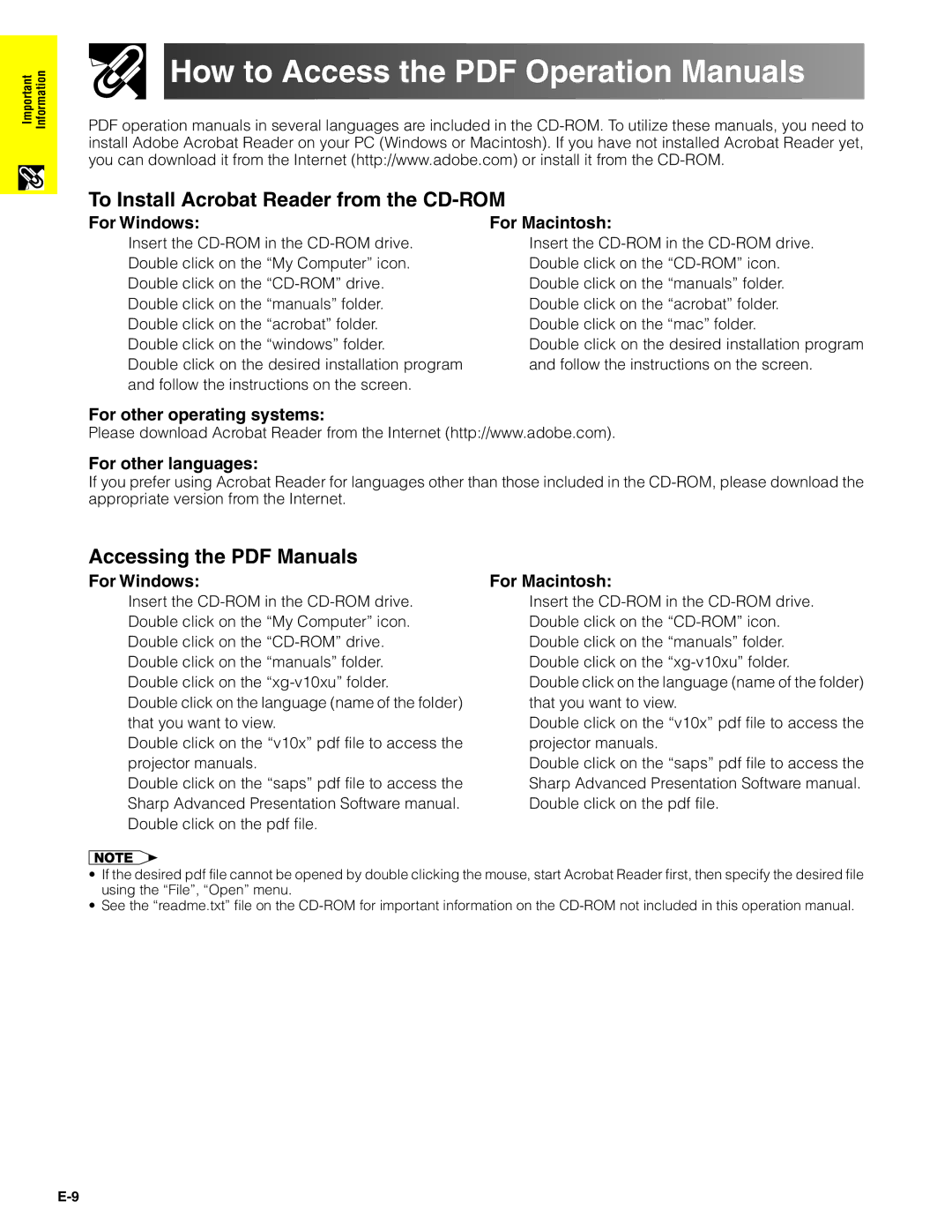 Sharp XG-V10XU operation manual To Install Acrobat Reader from the CD-ROM, For Windows For Macintosh 