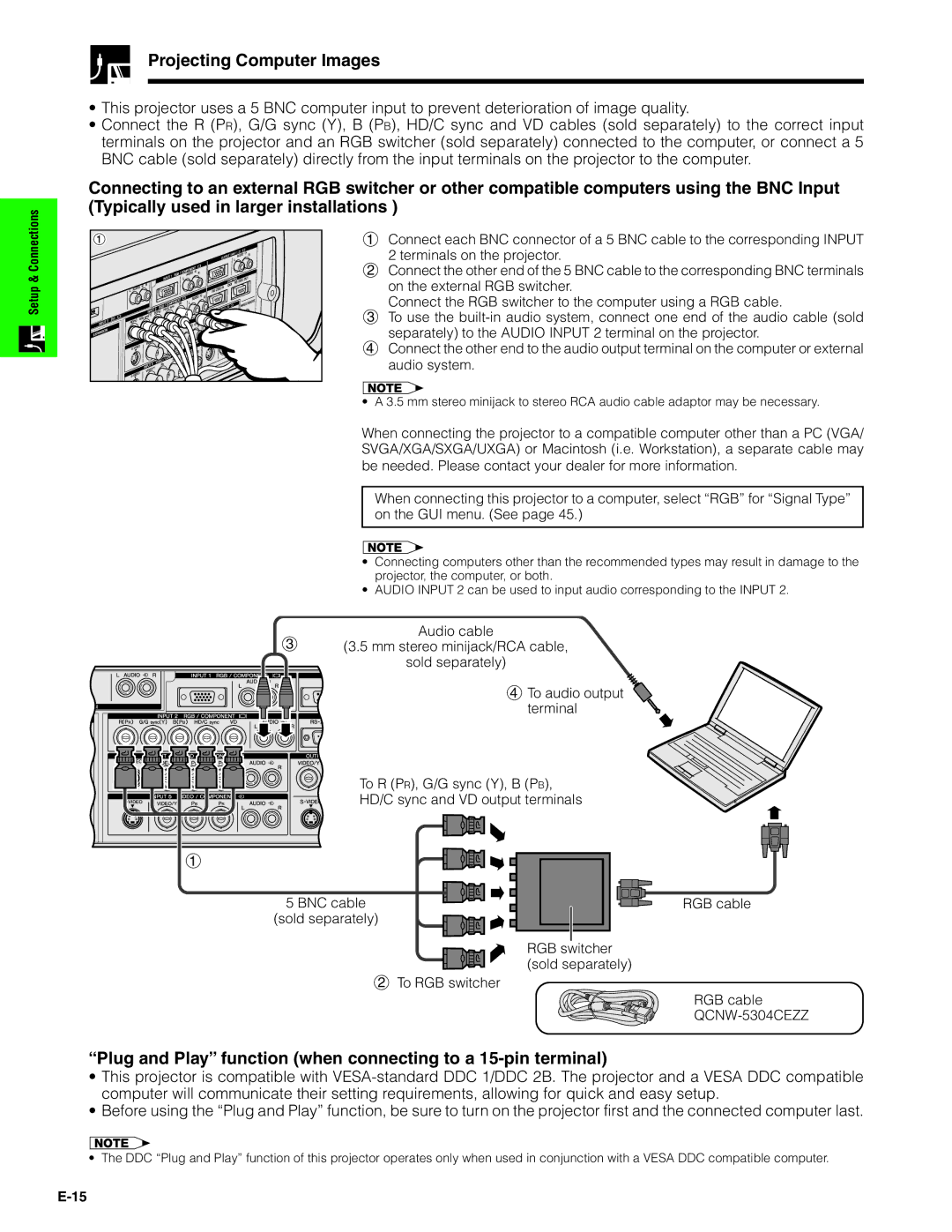 Sharp XG-V10XU operation manual Projecting Computer Images, Plug and Play function when connecting to a 15-pin terminal 