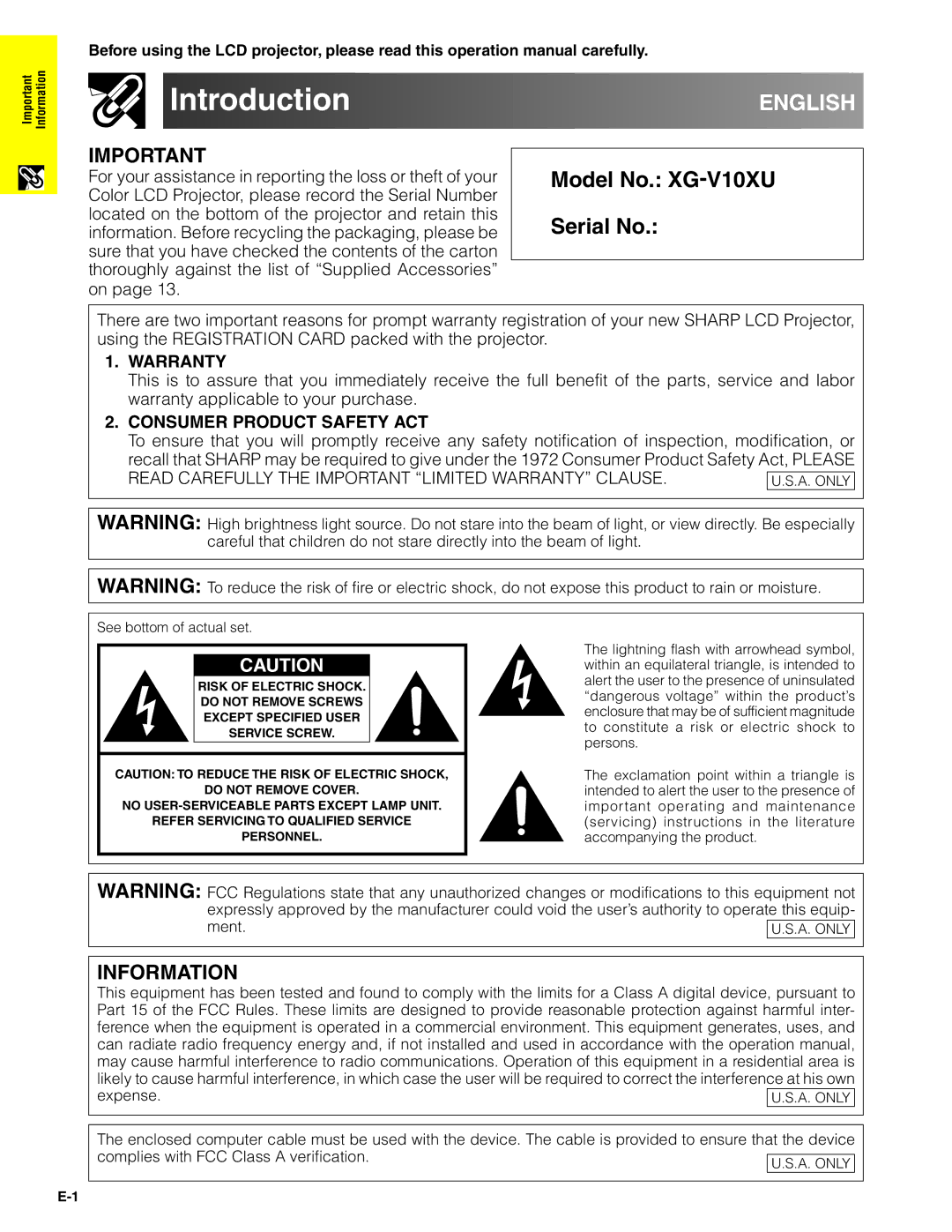 Sharp XG-V10XU operation manual Introduction, English 