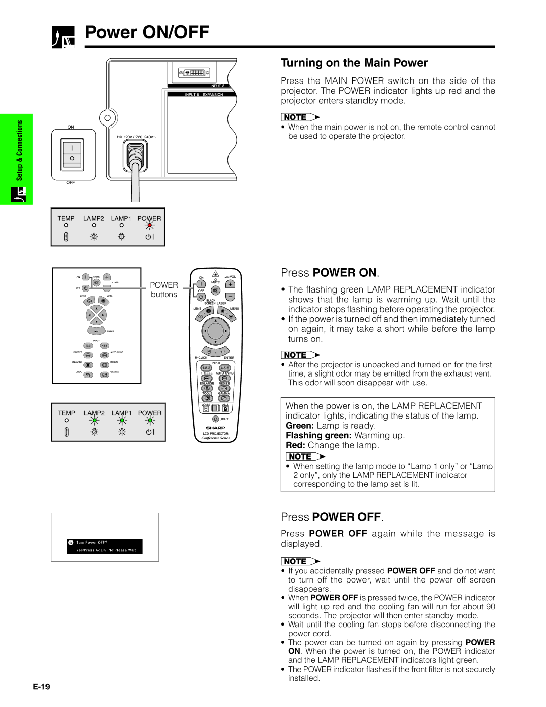 Sharp XG-V10XU Power ON/OFF, Turning on the Main Power, Press Power on, Press Power OFF, Flashing green Warming up 