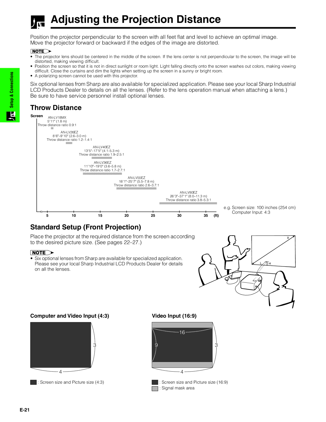 Sharp XG-V10XU operation manual Adjusting the Projection Distance, Throw Distance, Standard Setup Front Projection 